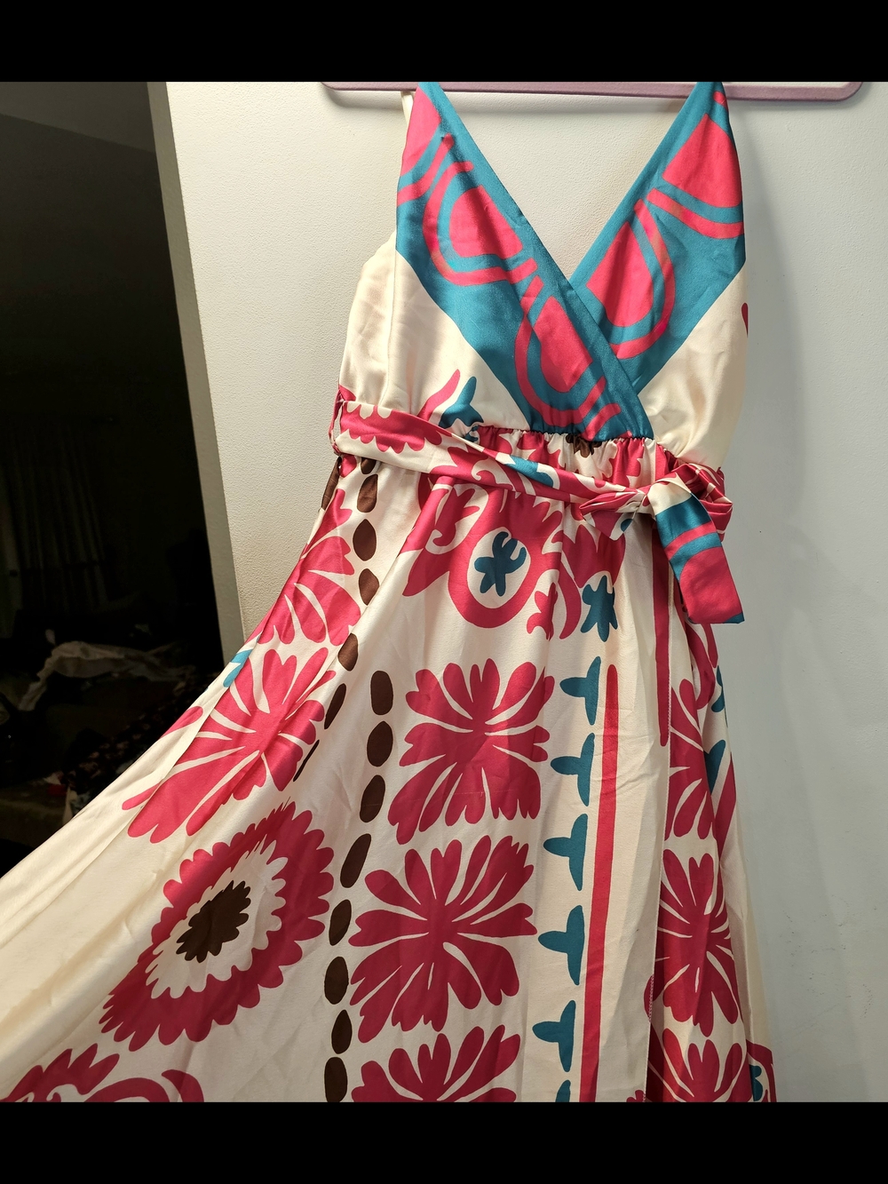 Italy Floral Satin Maxi Dress Bright Pattern V Neck Flowy Summer Resort Night